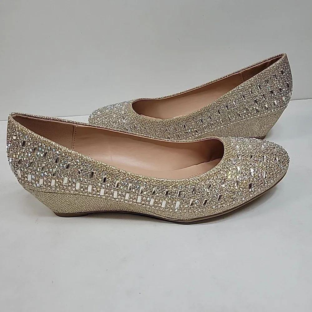 Forever Size 8 Gold Rhinestone Flats Pointed Toe Sparkly Dress Shoes Fairycore